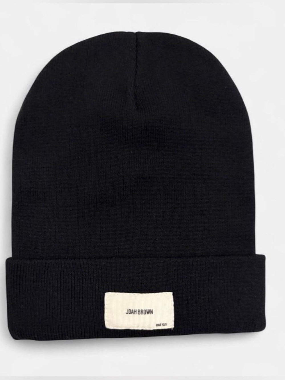 Joah Brown Black Knit Beanie Hat with Cream Logo Patch Preppy